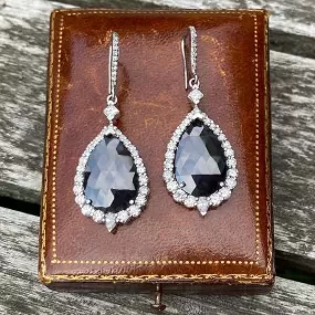 Rose Cut Black Diamond & White Diamond Drop Earrings