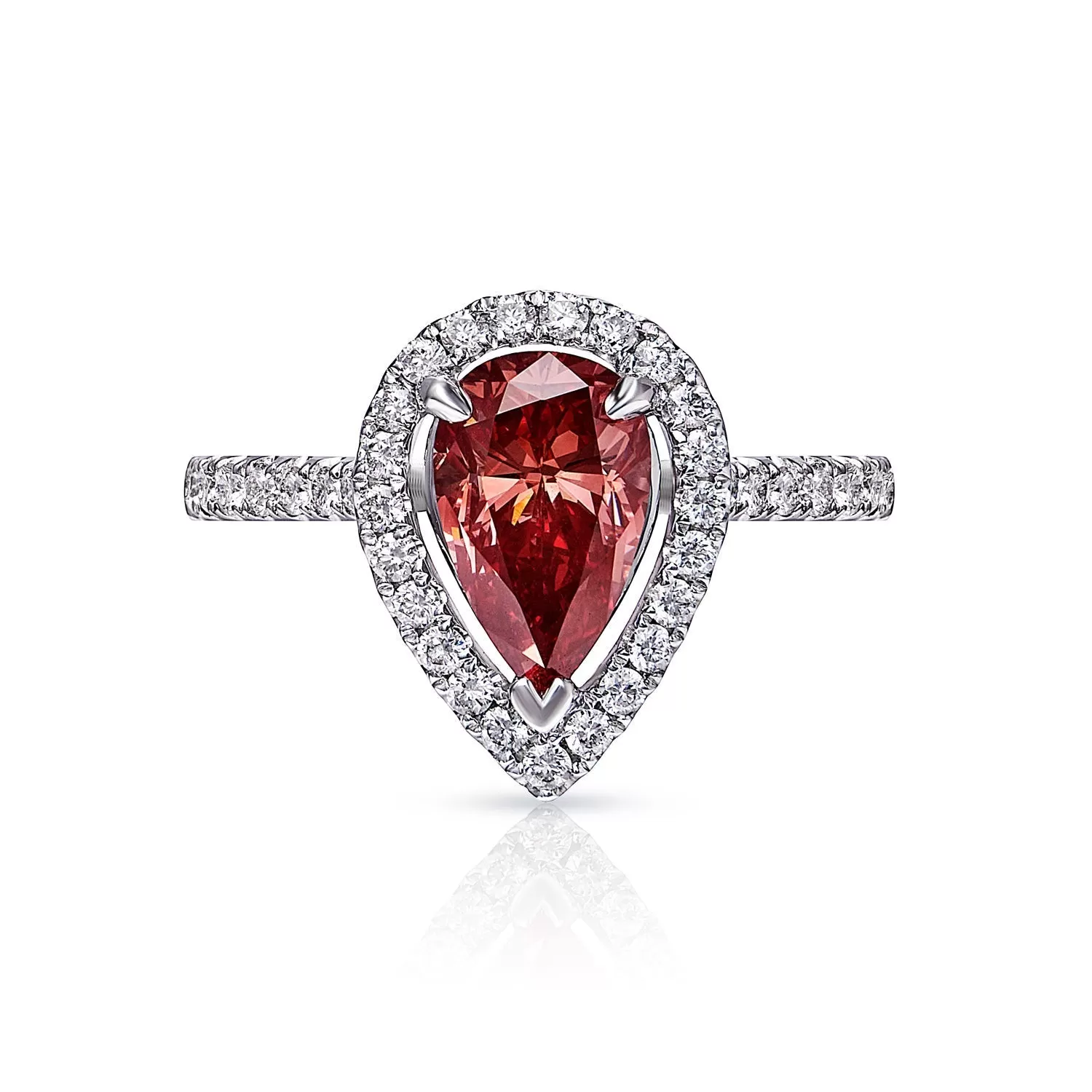 ROUGE P 2 Carat Fancy Red Pear Shape Diamond Engagement Ring in 18kt White Gold with Halo GIA Certificate