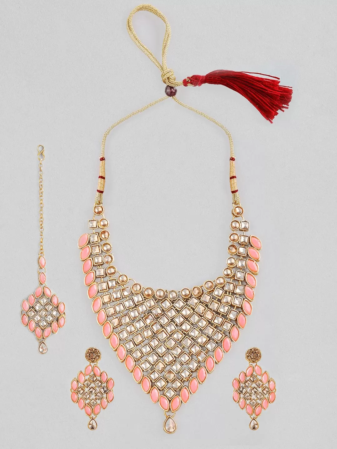 Rubans Gold Plated Kundan Necklace Set With Pink Coloured Beads