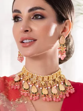 Rubans Luxury 24K Gold Plated Handcrafted Pink Enamel & Pachi Kundan with Pearls Necklace Set