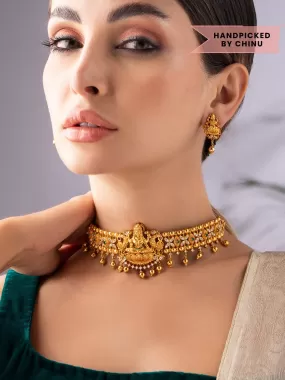 Rubans Luxury Gold-Plated Red & Green Stone-Studded Temple Jewellery Set