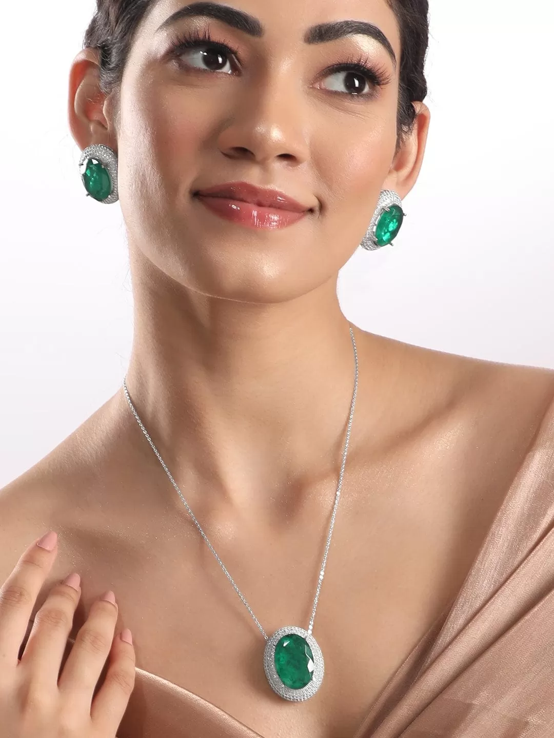 Rubans Rhodium Plated Zircons & Emerald Stone Studded Statement Pendant Set