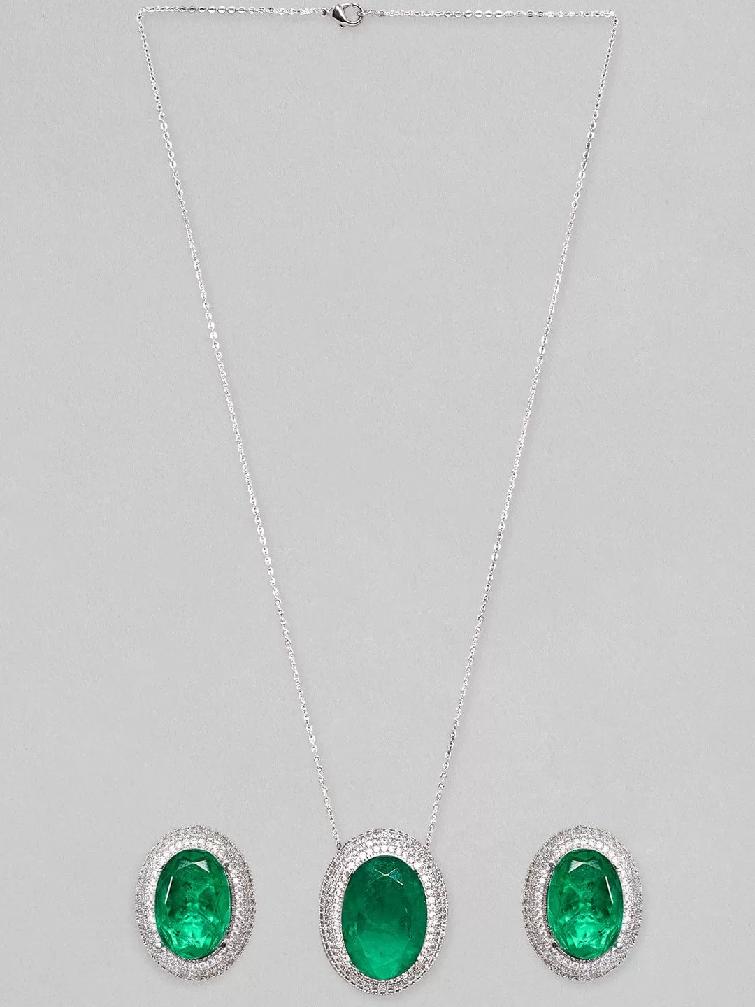 Rubans Rhodium Plated Zircons & Emerald Stone Studded Statement Pendant Set