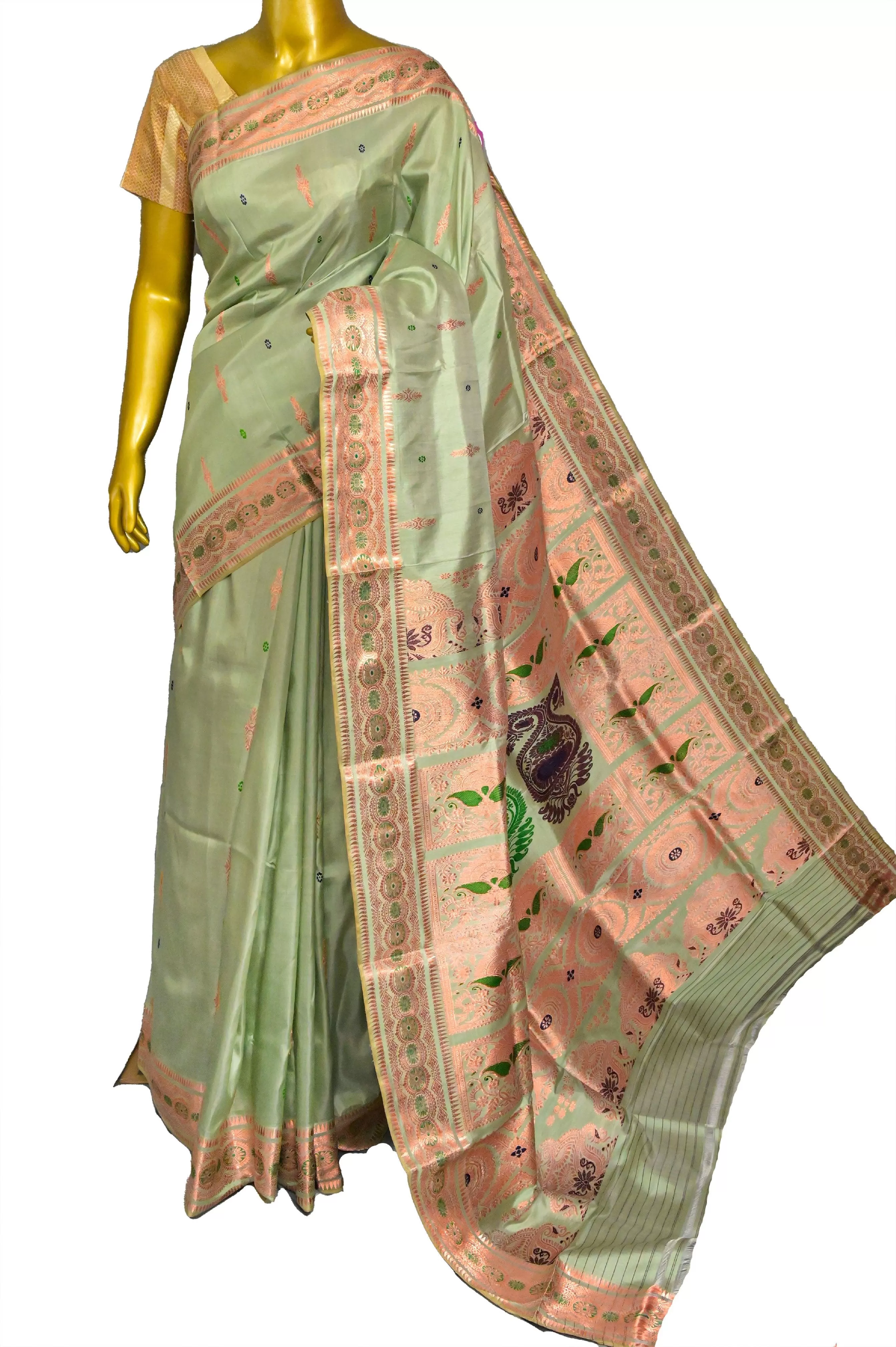 Sage Green Color Revival Baluchari Saree with Copper Zari Work