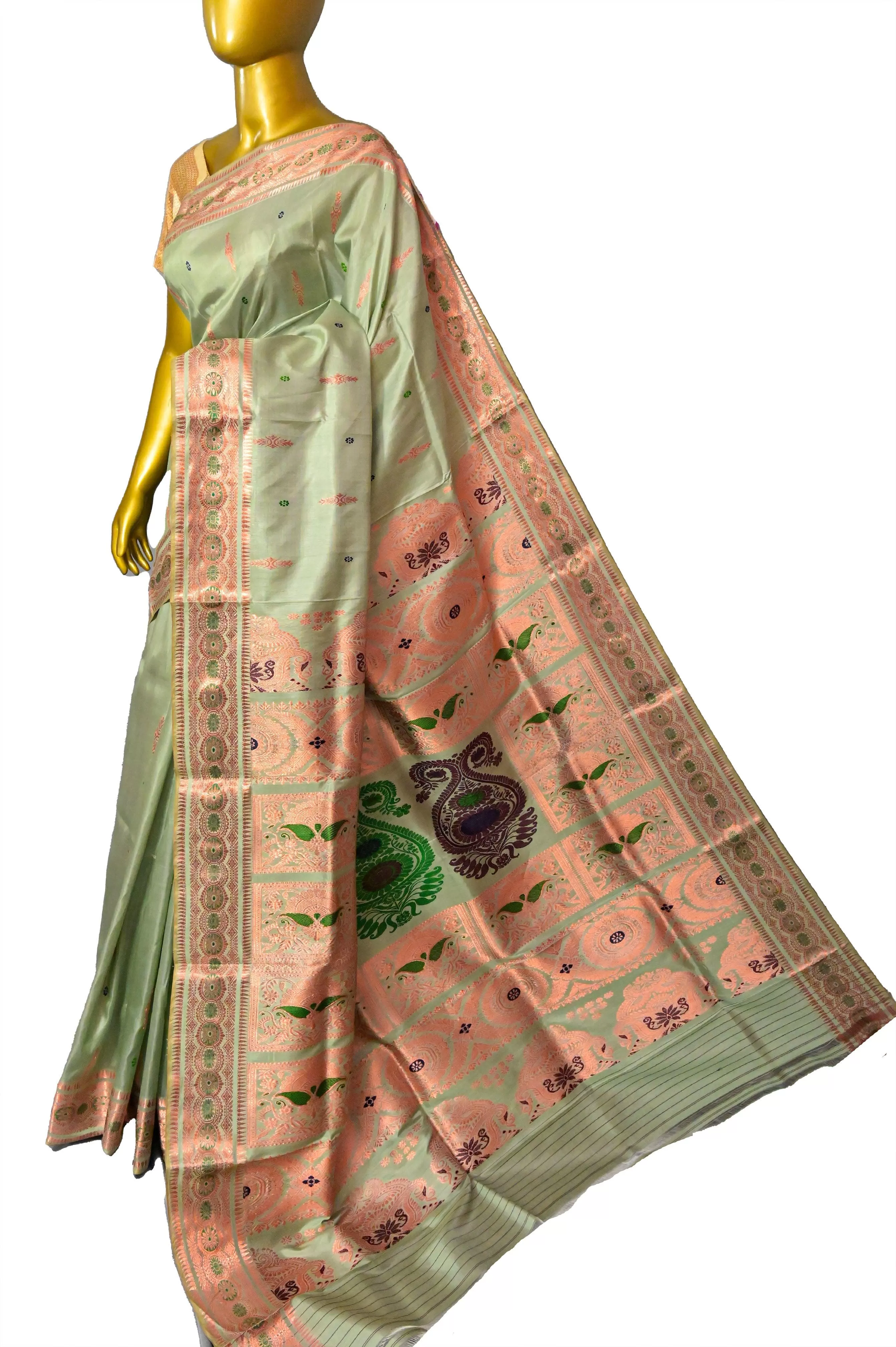 Sage Green Color Revival Baluchari Saree with Copper Zari Work