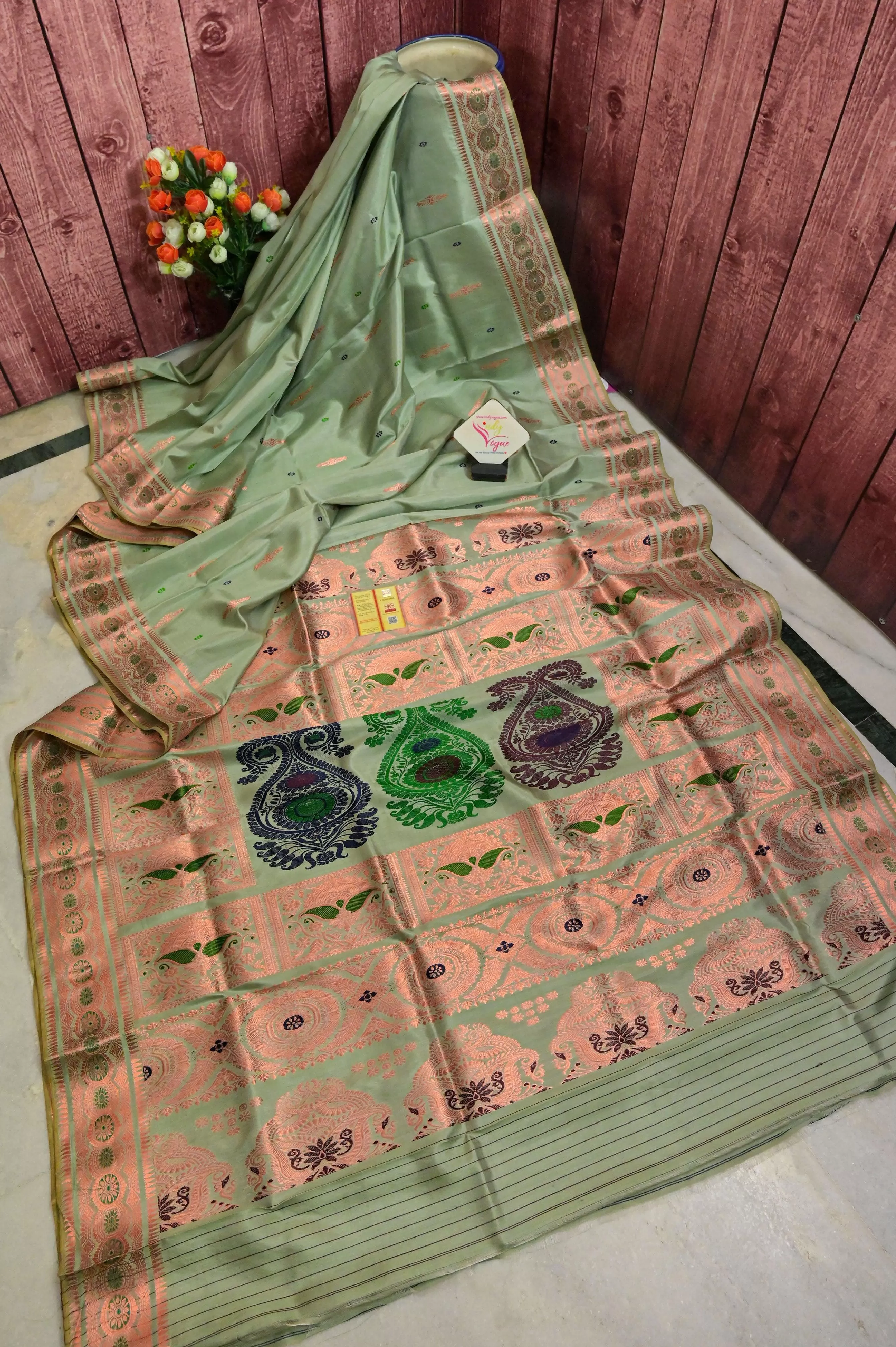 Sage Green Color Revival Baluchari Saree with Copper Zari Work