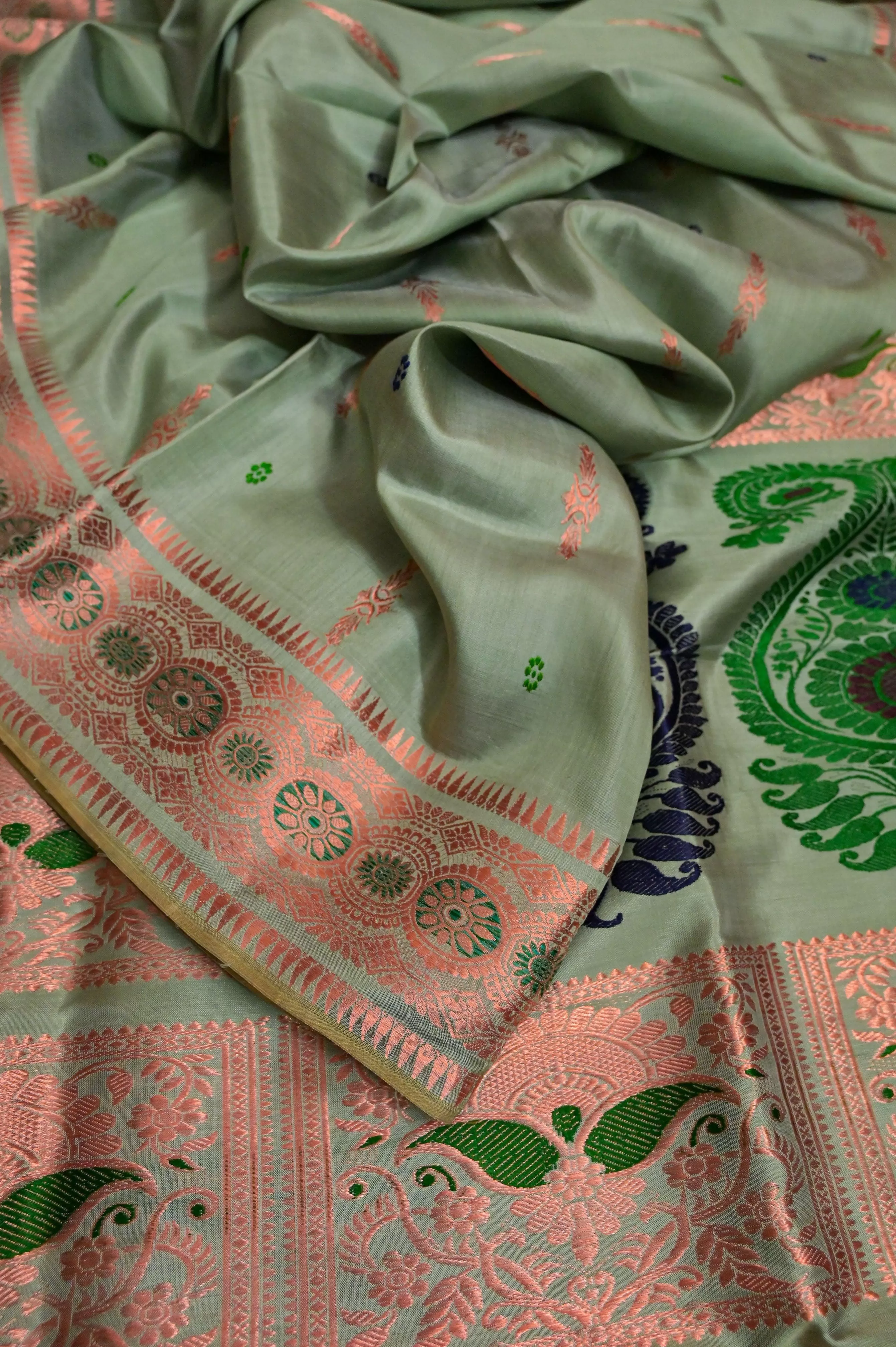 Sage Green Color Revival Baluchari Saree with Copper Zari Work