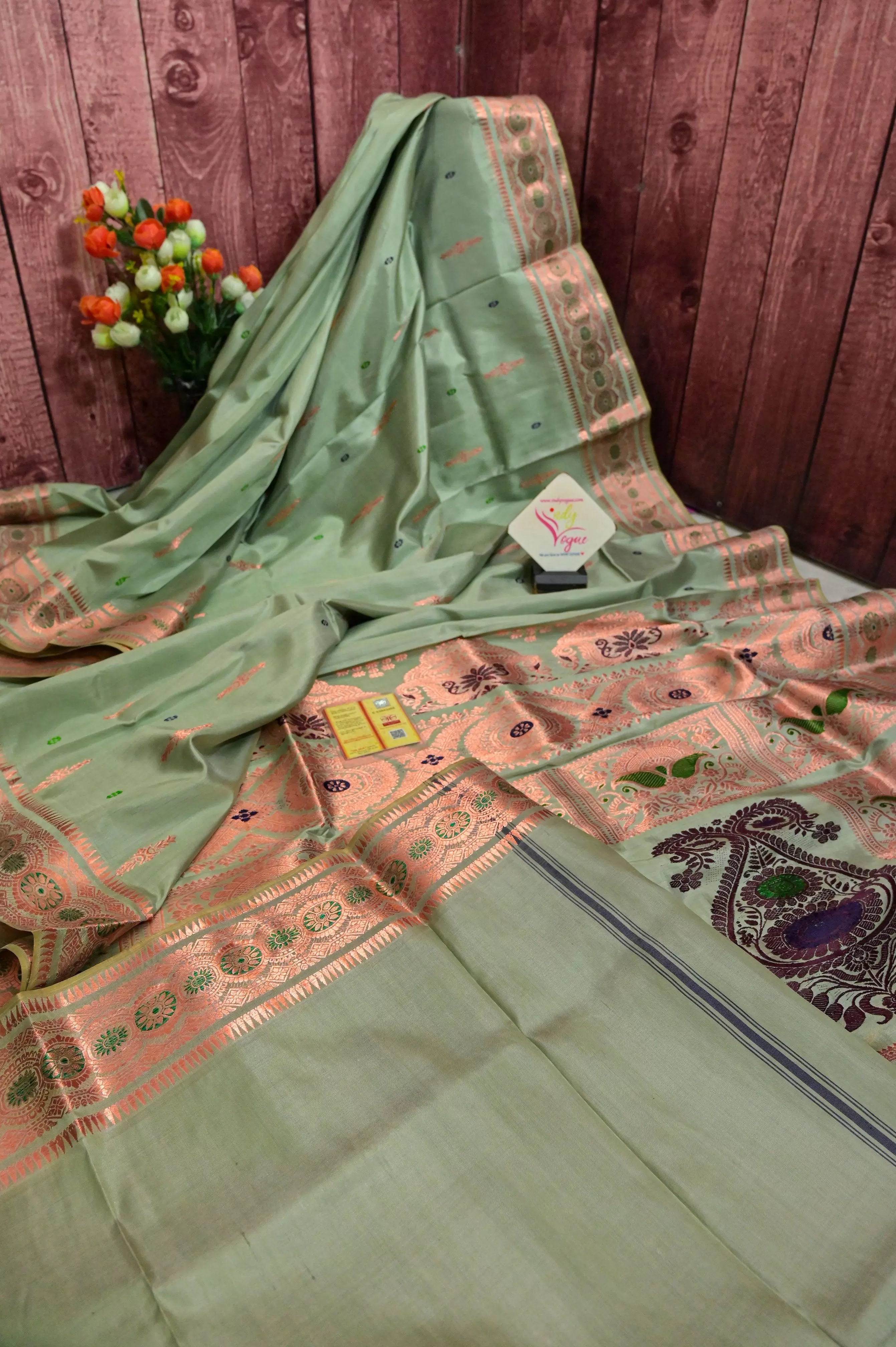 Sage Green Color Revival Baluchari Saree with Copper Zari Work