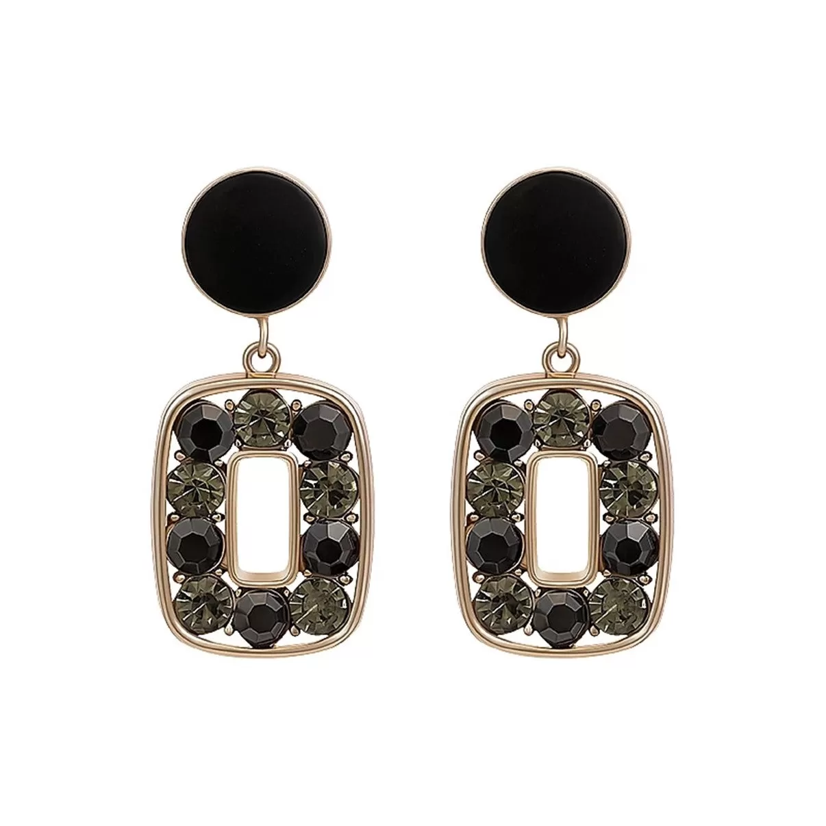 Small Black Round Enamel Drop Square Crystal Earrings