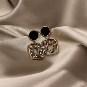 Small Black Round Enamel Drop Square Crystal Earrings