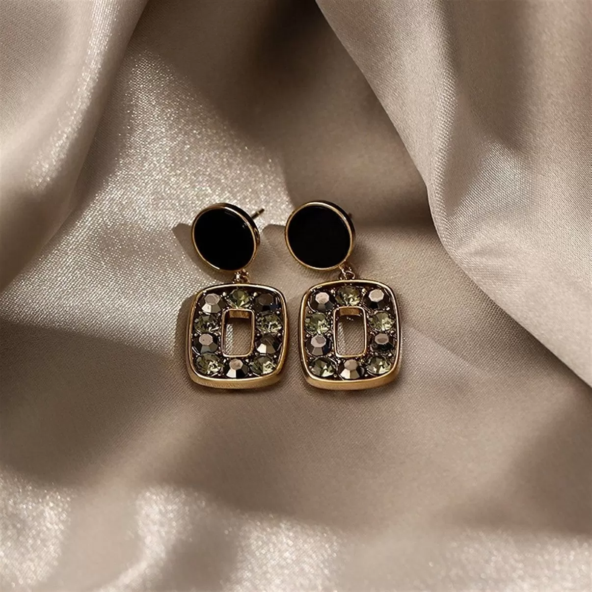 Small Black Round Enamel Drop Square Crystal Earrings