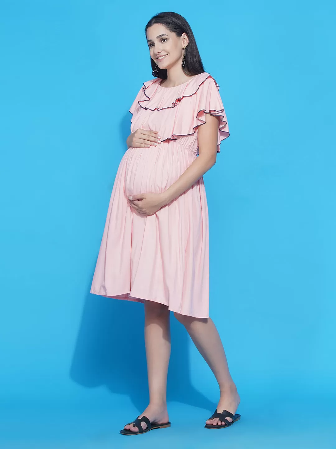 Solid Light Pink layered Midi Maternity & Nursing dress