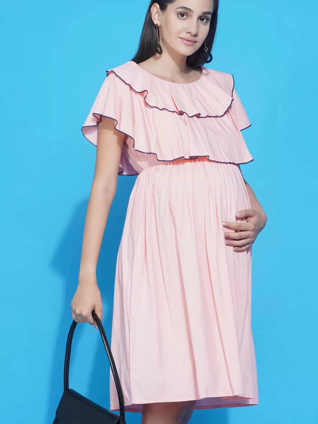 Solid Light Pink layered Midi Maternity & Nursing dress