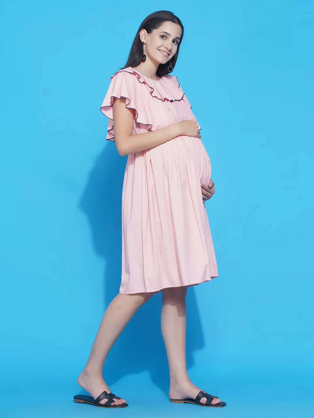 Solid Light Pink layered Midi Maternity & Nursing dress