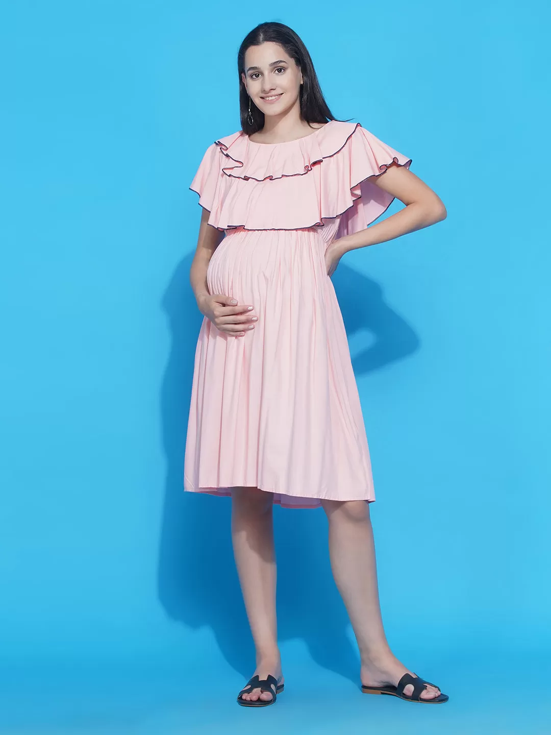 Solid Light Pink layered Midi Maternity & Nursing dress