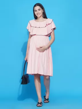 Solid Light Pink layered Midi Maternity & Nursing dress