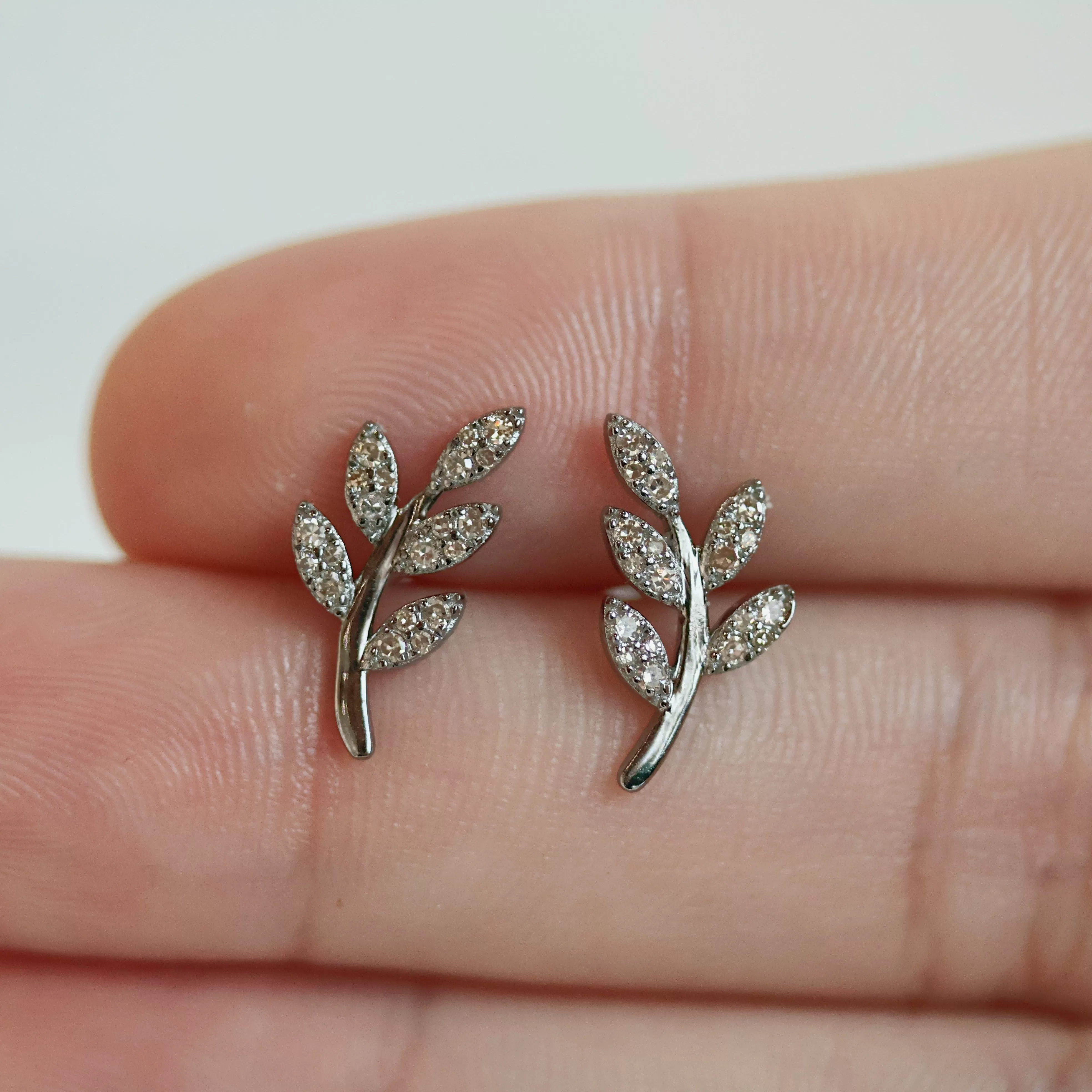 Sterling Silver Diamond Leaf Stud Earrings