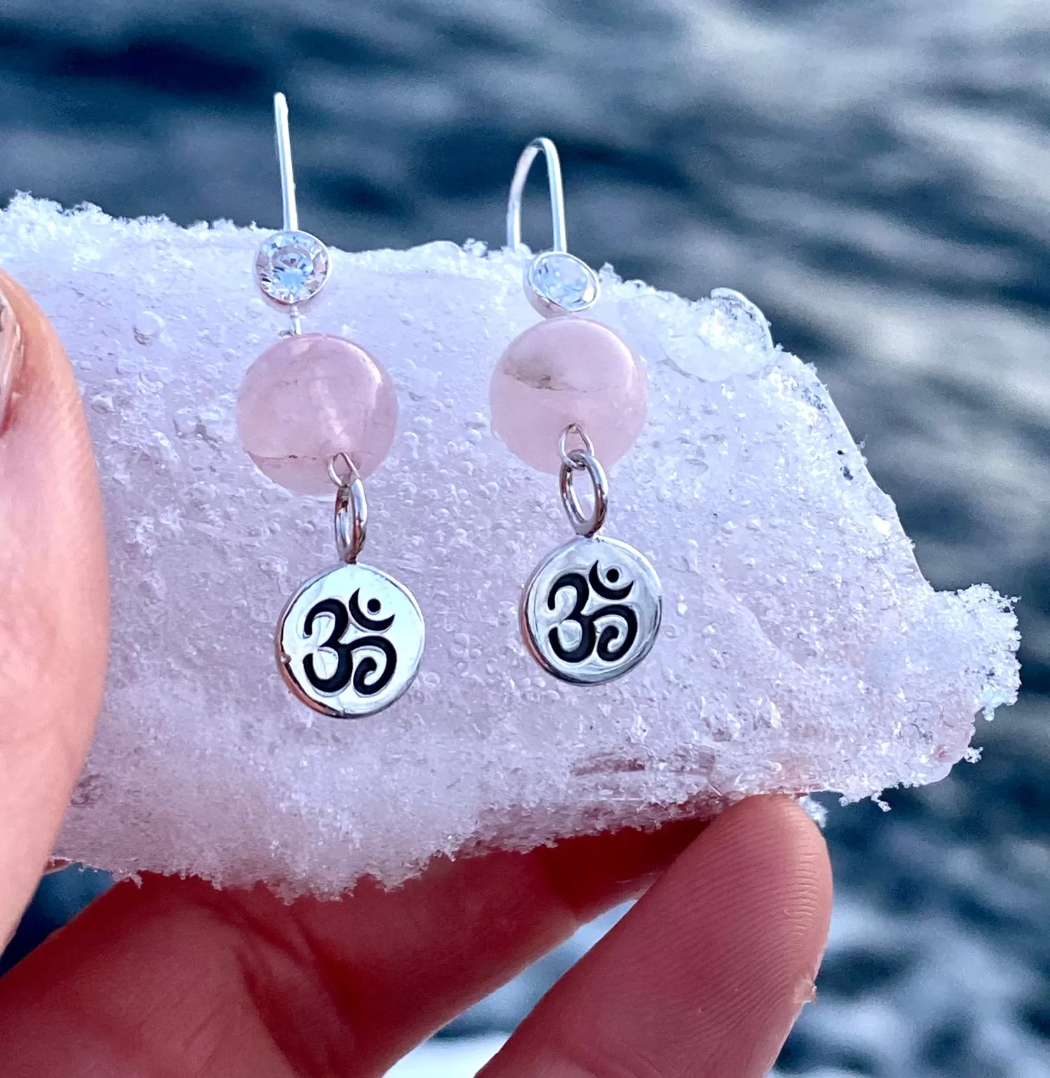 Sterling Silver Yoga Inspired Ohm Jewelry Set with Rose Quartz to Hear the Sound of the Universe