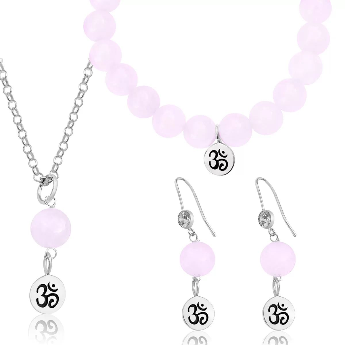 Sterling Silver Yoga Inspired Ohm Jewelry Set with Rose Quartz to Hear the Sound of the Universe