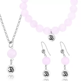 Sterling Silver Yoga Inspired Ohm Jewelry Set with Rose Quartz to Hear the Sound of the Universe