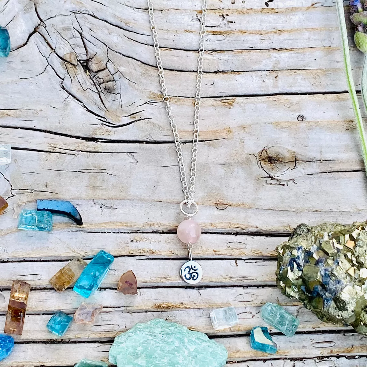 Sterling Silver Yoga Inspired Ohm Jewelry Set with Rose Quartz to Hear the Sound of the Universe