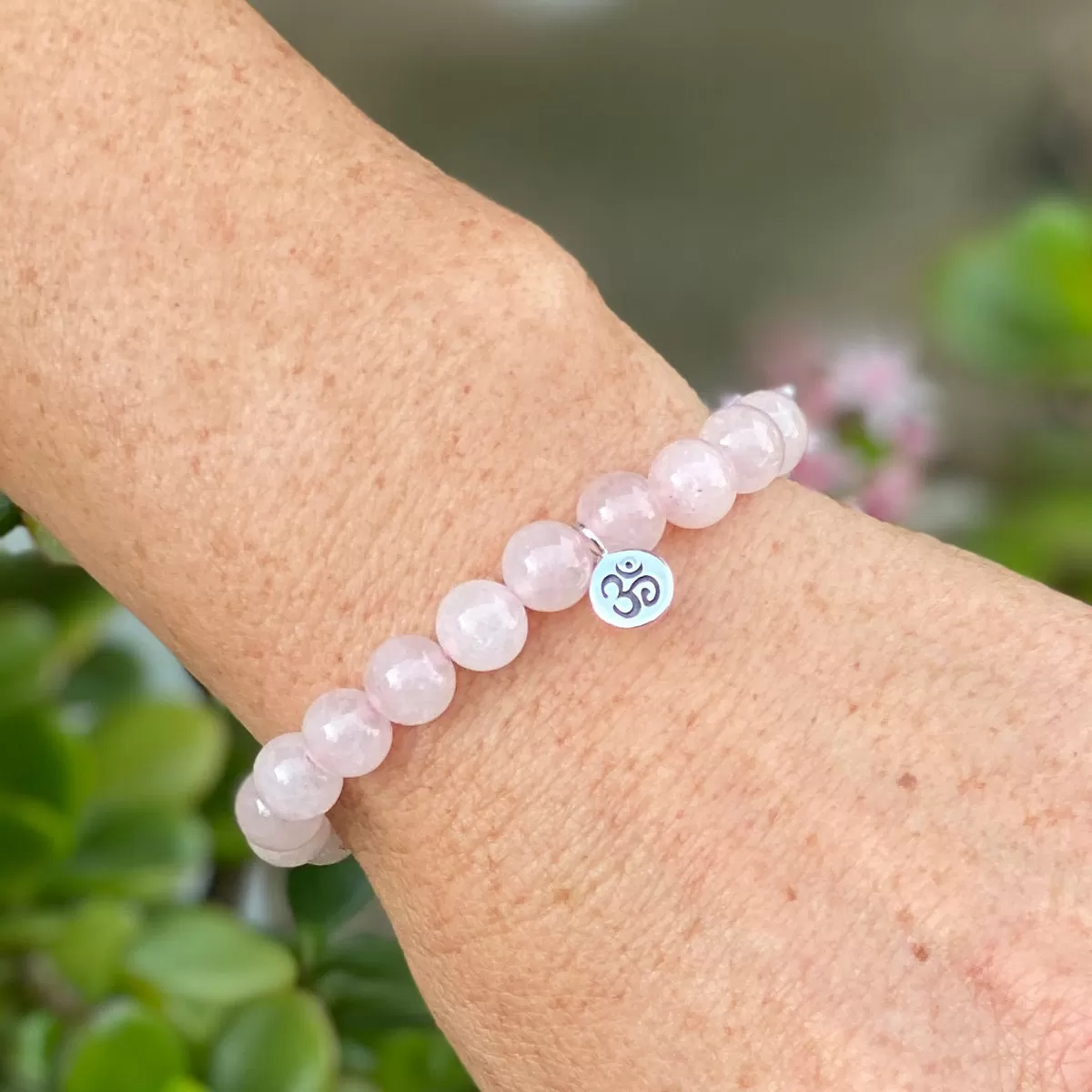 Sterling Silver Yoga Inspired Ohm Jewelry Set with Rose Quartz to Hear the Sound of the Universe