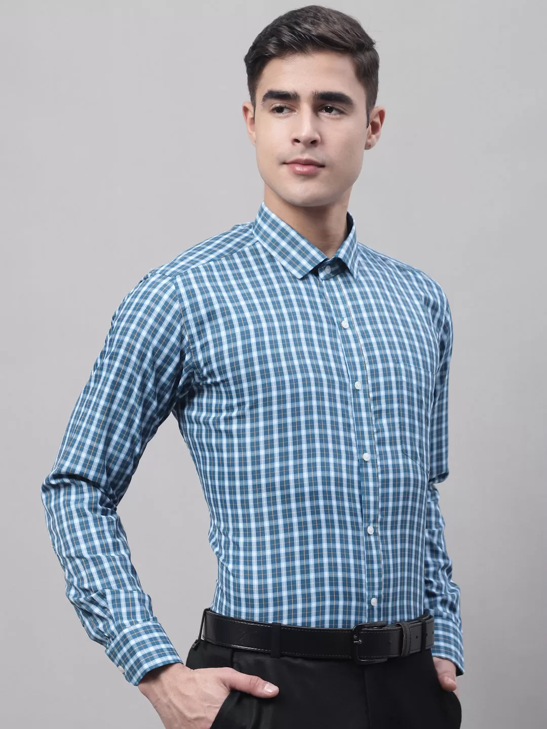 Style Quotient Men Blue and White  Checked Polycotton Slim Fit Formal  Shirt