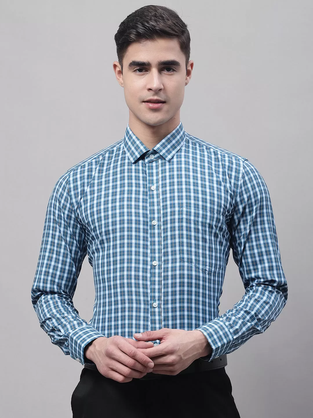 Style Quotient Men Blue and White  Checked Polycotton Slim Fit Formal  Shirt