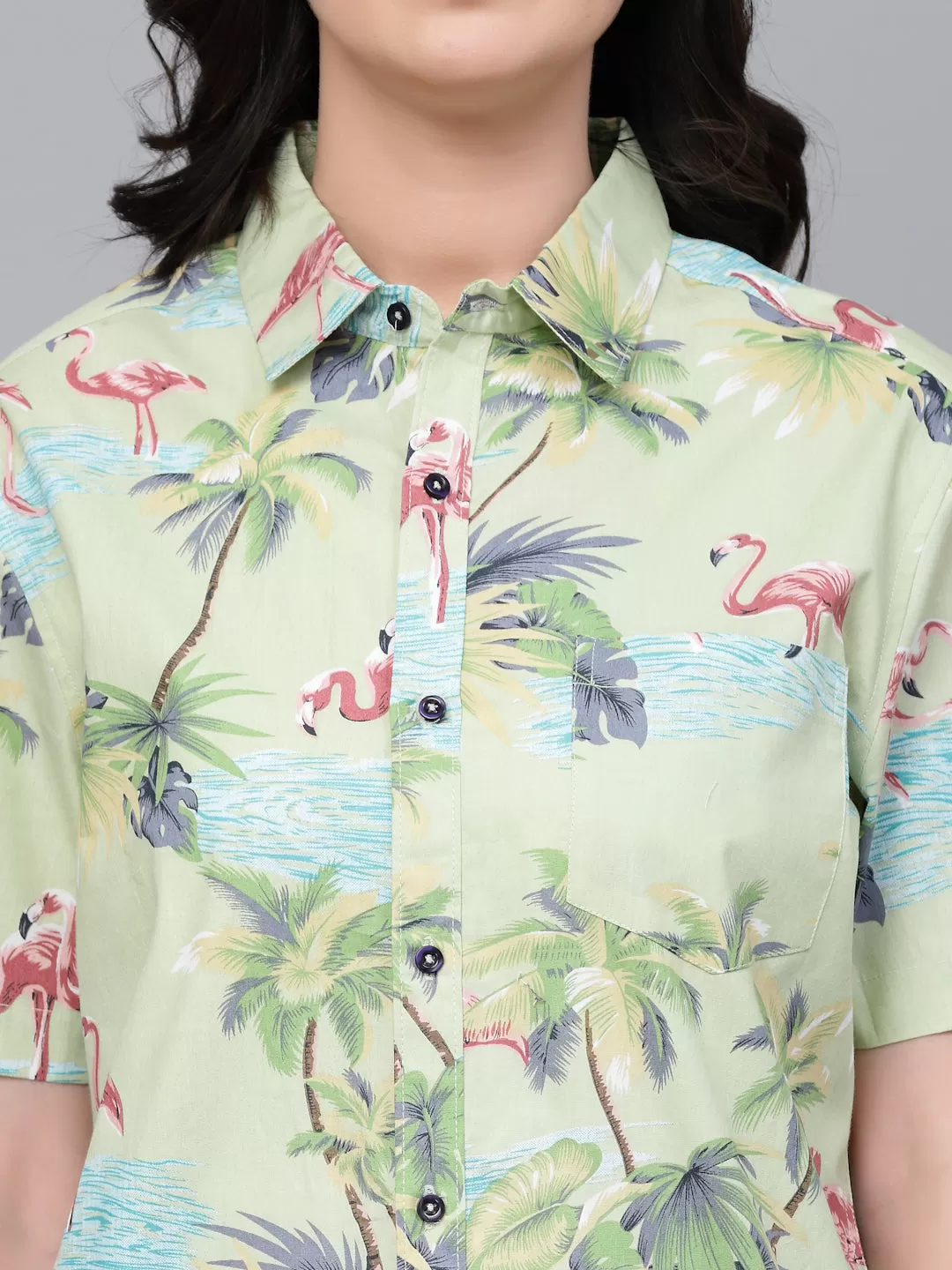 Style Quotient Women Light Green Tropical Print Oversize Smart Casual Shirt