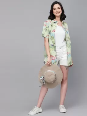 Style Quotient Women Light Green Tropical Print Oversize Smart Casual Shirt