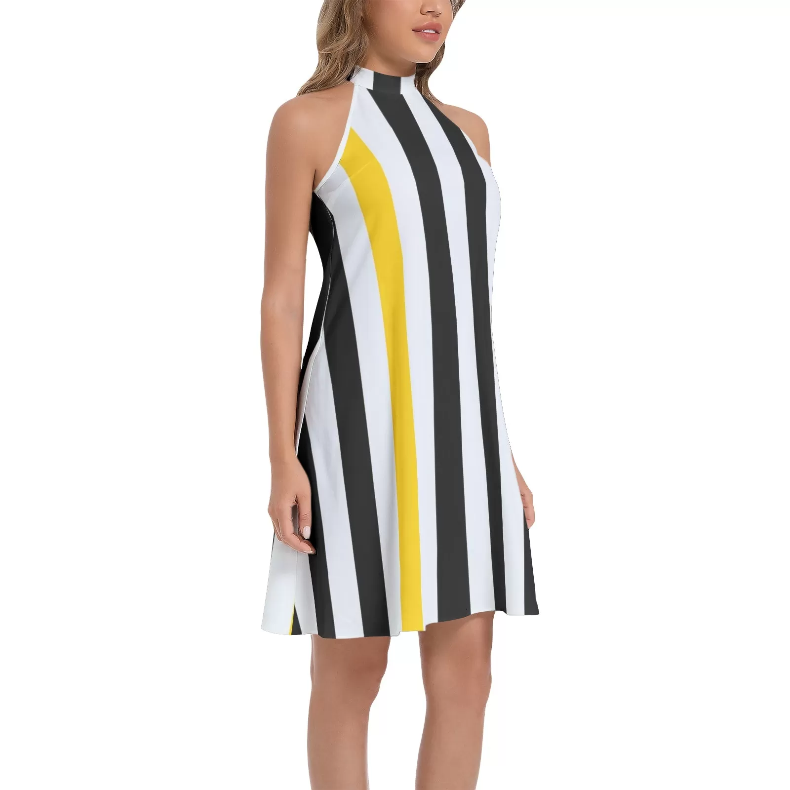 Swallowtail Striped Tie Back Halter Neck Flared Dress