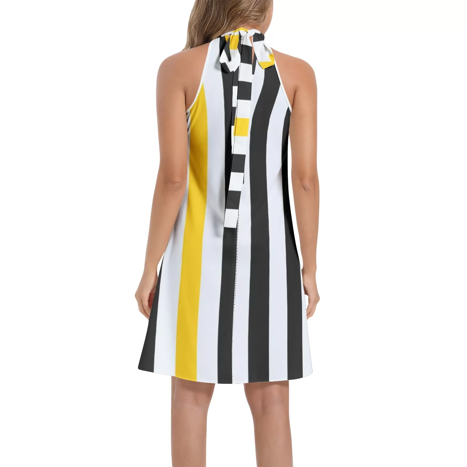 Swallowtail Striped Tie Back Halter Neck Flared Dress