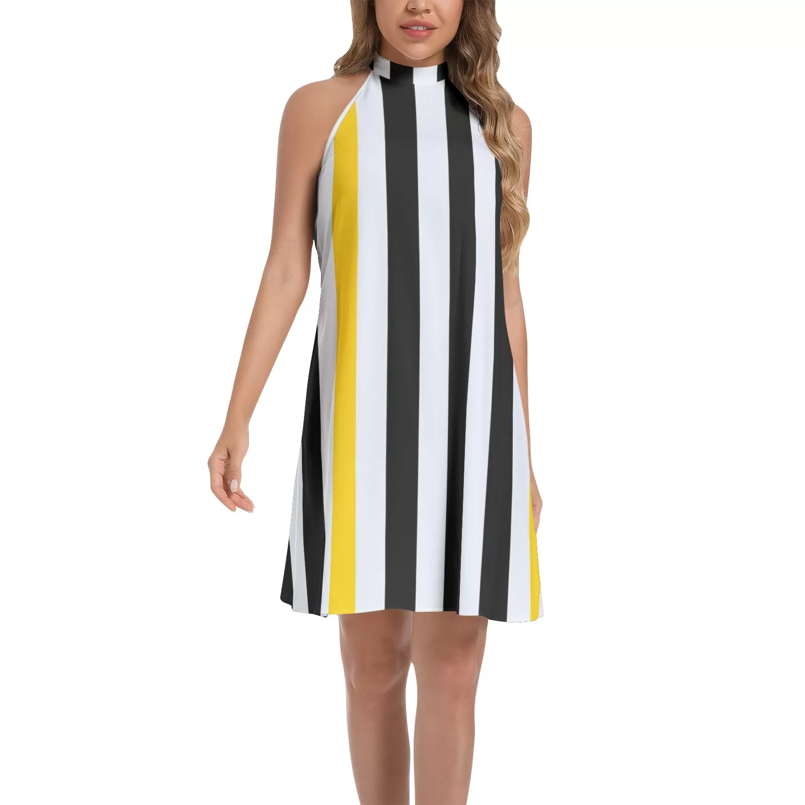 Swallowtail Striped Tie Back Halter Neck Flared Dress