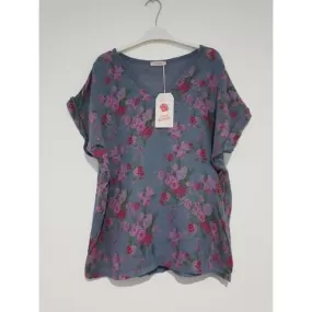 Talia Benson Charcoal Floral Linen T Shirt