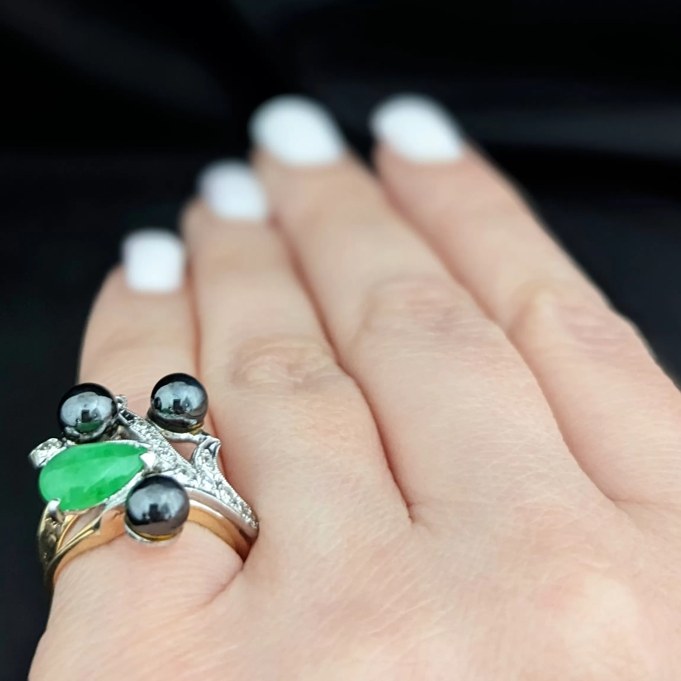 The Bergen - Estate Jade Hematite Diamond 14k Gold Cocktail Ring