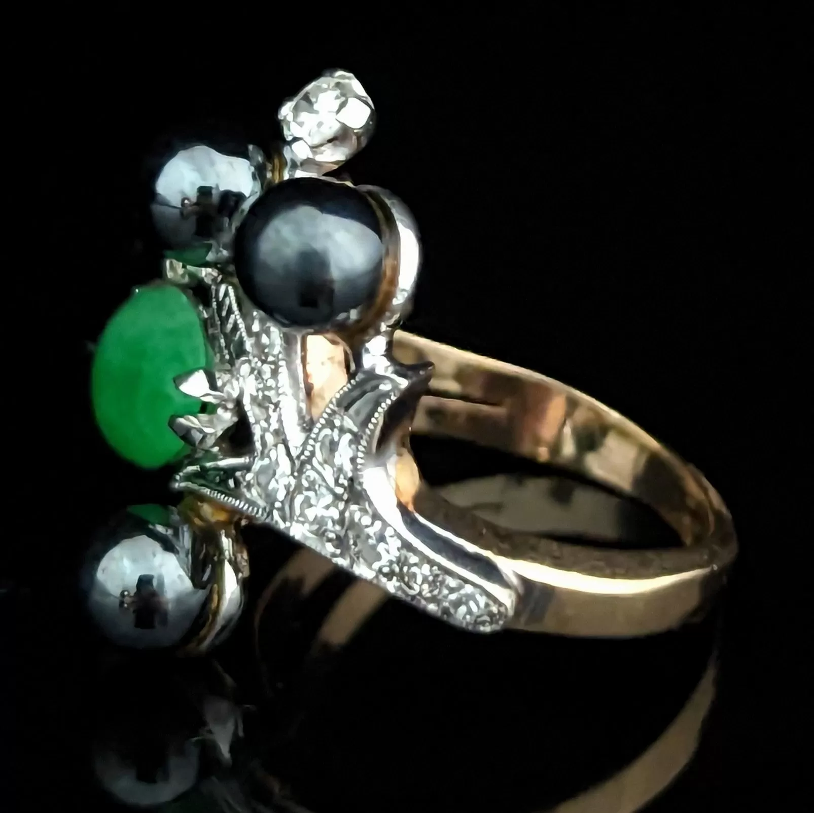 The Bergen - Estate Jade Hematite Diamond 14k Gold Cocktail Ring