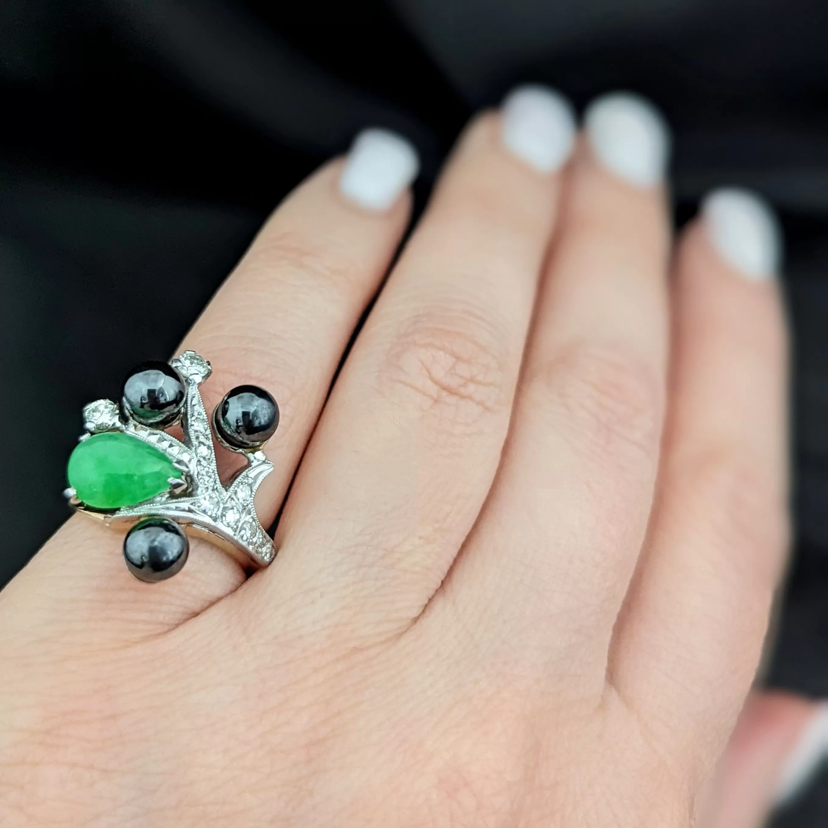 The Bergen - Estate Jade Hematite Diamond 14k Gold Cocktail Ring