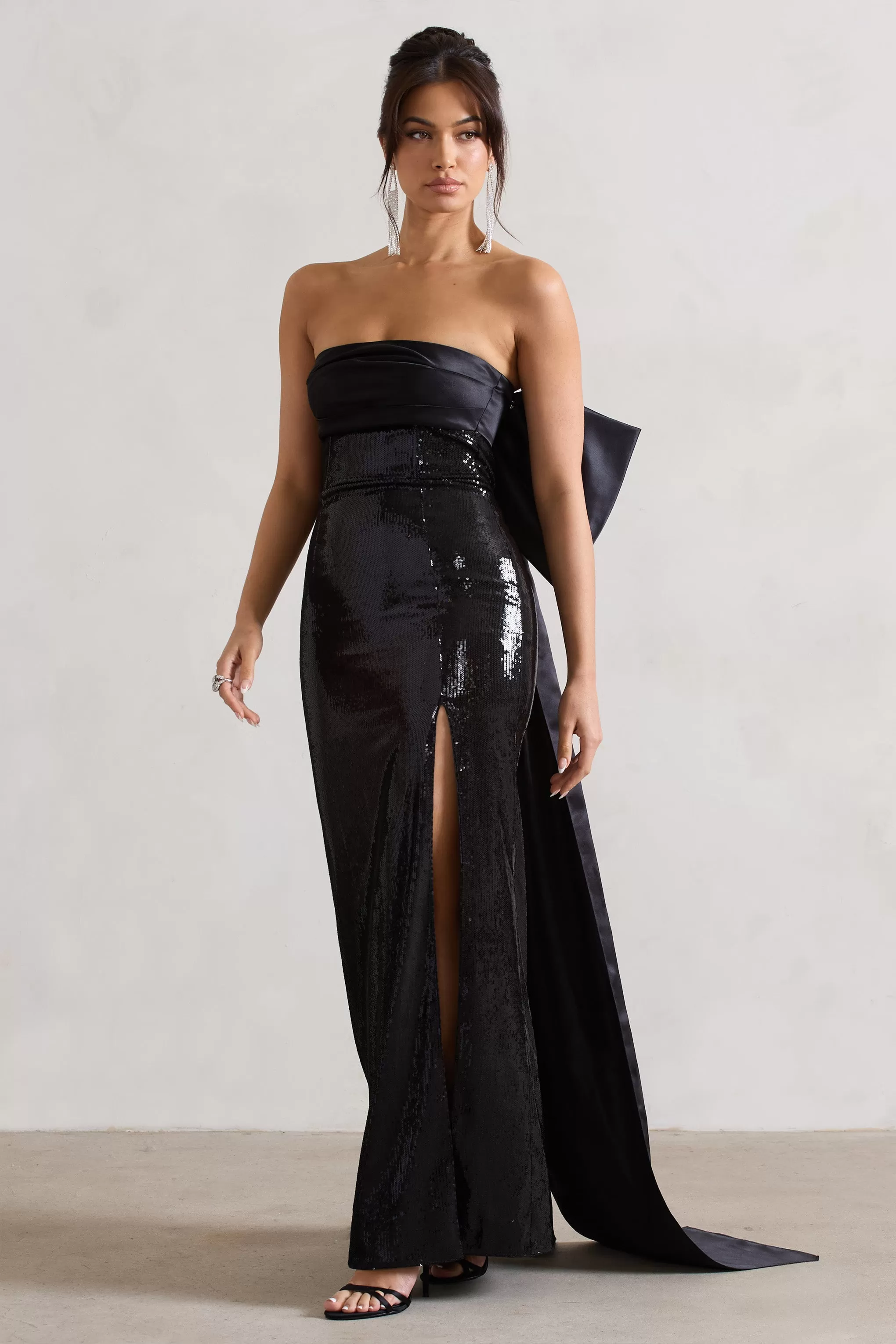 To You | Black Sequin Bandeau Split Maxi Dress With Oversized Bow