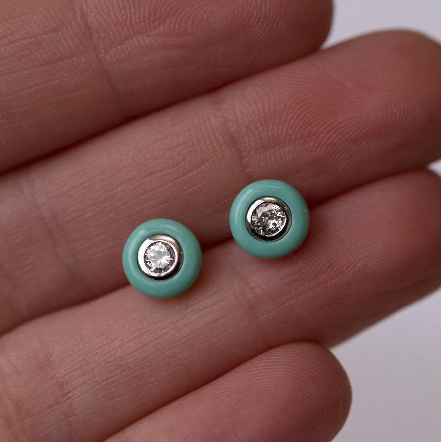 Turquoise and Diamond Stud Earrings - Reclaimed Vintage Diamonds in Turquoise halos by Anueva Jewelry