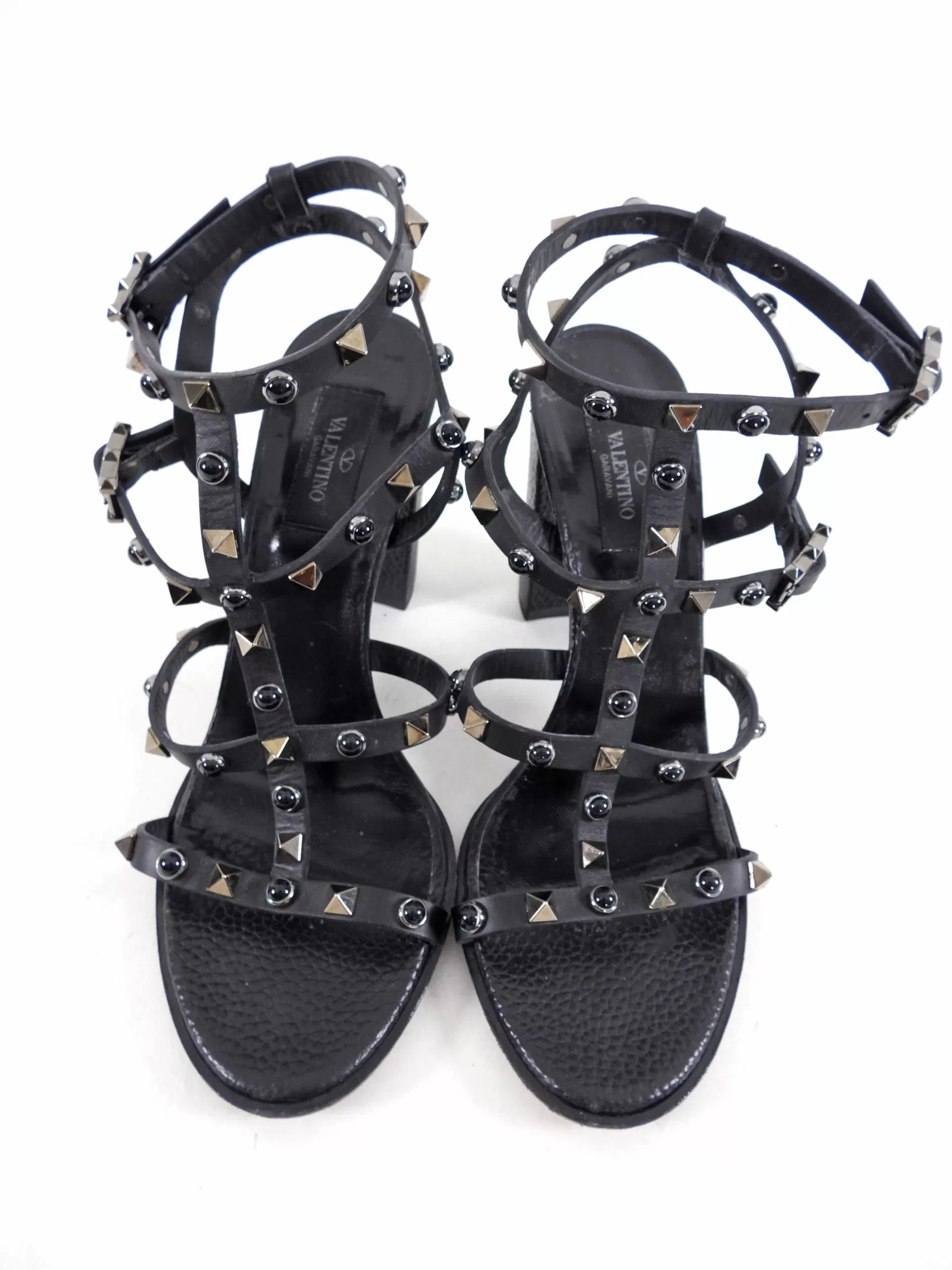 Valentino Black Rock Stud Cage Block Heel Sandals - 39