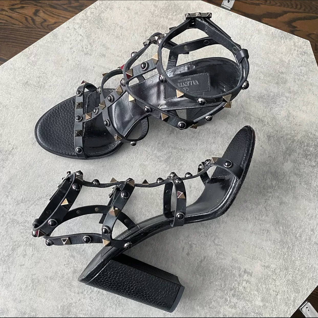 Valentino Black Rock Stud Cage Block Heel Sandals - 39