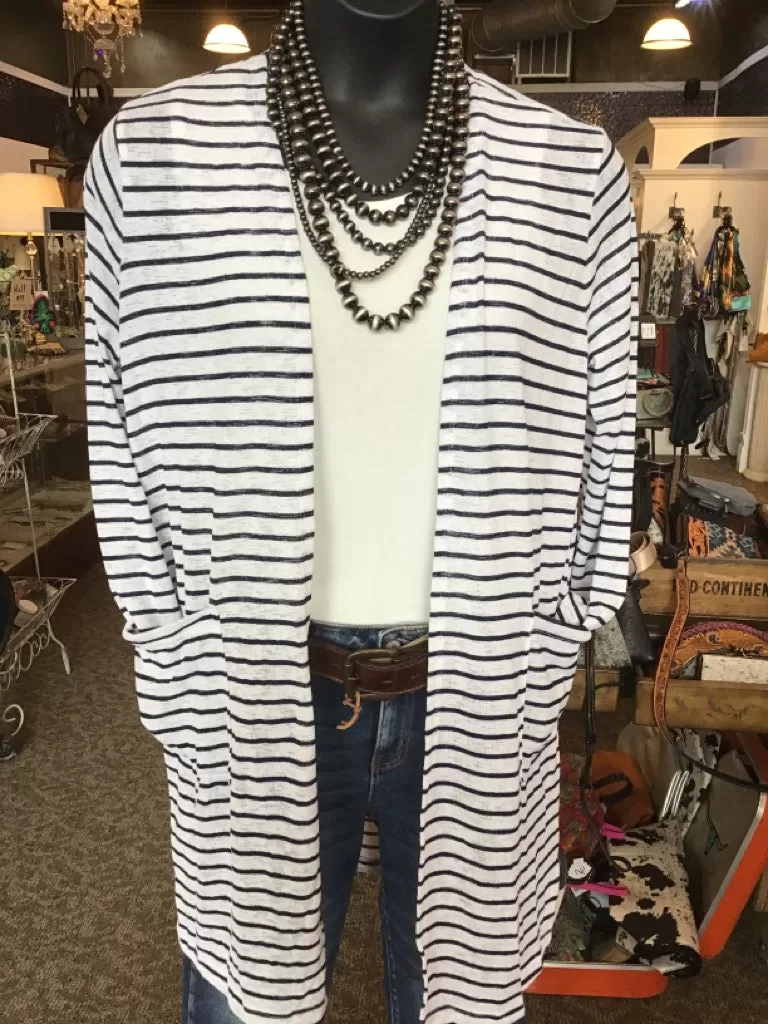 White Lightweight Navy Stripe Cardigan - Small to XL